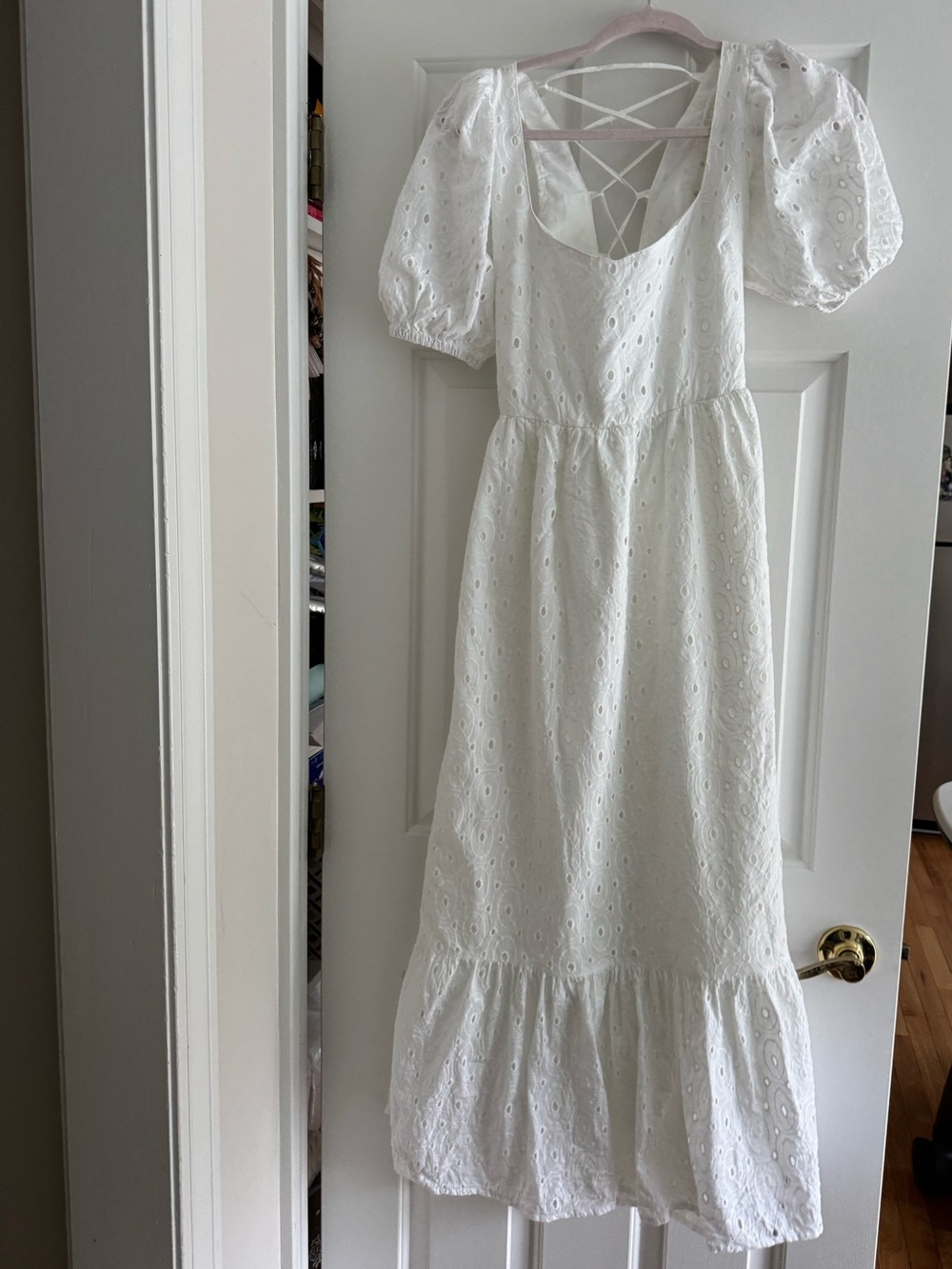ASOS White Eyelet Maxi Dress with Puff Sleeves & Lace-Up Back